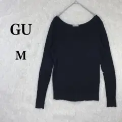【GU】 ワイドラウンドネック ブラック M リブ編み長袖トップス リブニット