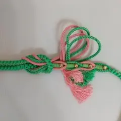 帯締め長尺 振袖用 正絹と金属糸 グリーン系とピンクと金色 日本舞踊 訪問着G