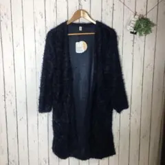 新品LL 大きいサイズ　ふわふわシャギーロングニットカーディガン ネイビー