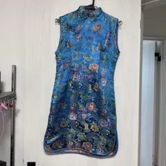 青い花柄刺繍チャイナドレス　コスプレ　ハロウィン　衣装　ミニ丈