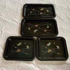 漆器　レトロ　トレー中小　4点セット　蝶　たんぽぽ