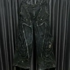ダメージ加工 ダークブルー　ワイドパンツ　y2k