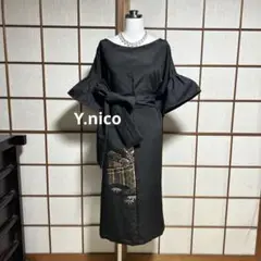 LL 着物リメイク正絹 大島紬 紺青 フリル袖ゆったりワンピース LL 正絹 着物リメイク 紺青大島紬 フリル袖ゆったりワンピース