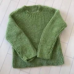 ハンドメイド棒針編みリブ編み 深緑 セーターM〜L
