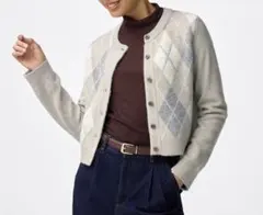 新品 GU パフニットアーガイルクルーネックカーディガン ベージュ M