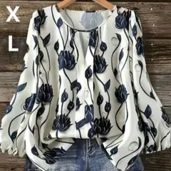 フラワープリント バルーン袖ブラウス XL