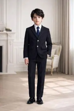 キッズ フォーマルスーツ 5点セットブラックストライプ424-150cm