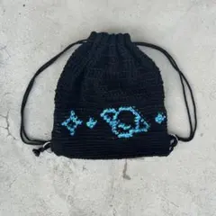 雷紋柄ナップサック 黒×紫 かぎ編みハンドメイド y2k ストリート