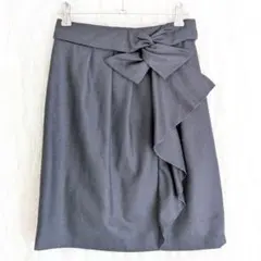 ドゥアルシーヴ ひざ丈スカート ネイビー リボン ウール 日本製 S 上品 清楚