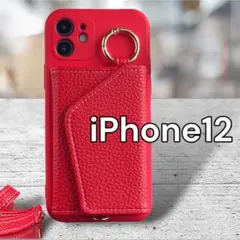 iPhone12 レッド系 ネックストラップ付き ミラー付き スマホケース