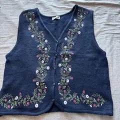 花柄刺繍 ネイビー ノースリーブベスト