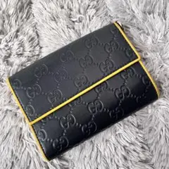 美品　レア　GUCCI シマ　折り財布　バイカラー　ブラック　マスタード