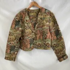 C715 アメリカ古着 ゴブラン織 コットン 長袖 総柄　ジャケット短丈