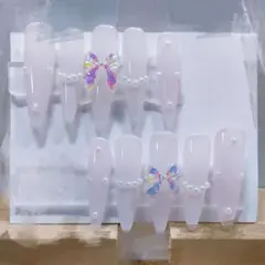 ネイルチップ　量産型　フレンチガーリー　ピンク　ワンホン　韓国　リボン
