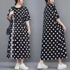 水玉模様 半袖ロングシャツワンピース