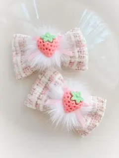 キッズ　ヘアゴム　リボン　リボンゴム　ハンドメイド　いちご　苺　ツイード　ピンク