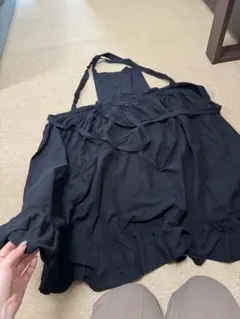 エプロン　綿　フリル　ブラック　黒　ロング　ポッケ付　サロン　カフェ