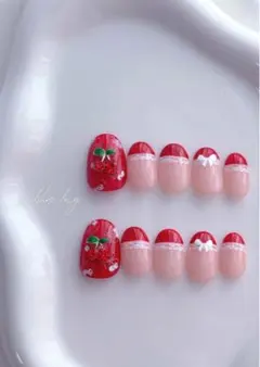 【現品】ネイルチップ 韓国 シンプル さくらんぼ フレンチ レース りぼん