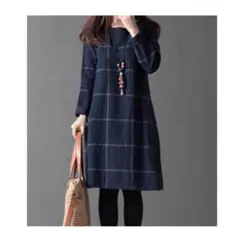 値下げ！新品☆ ゆるシルエット チェック柄 長袖 ワンピース ネイビー 紺 M