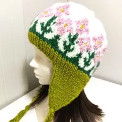 ★花柄耳あて付きニット帽★ハンドメイド
