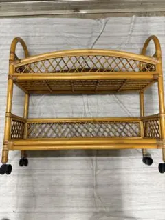 美品】ラタン 2段キャスター付きラック 幅90cm 籐家具 スリム 薄型