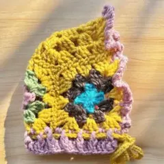 犬用バラクラバ風ニット帽 イエロー×ピンク　ハンドメイド手編み犬用ボンネット犬服