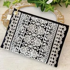 インド刺繍リボン お財布ポーチ No.43 黒 ハンドメイド コンパクト ミニ
