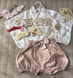 【美品】ベビー袴 70センチ 女の子 お食い初めセット100日祝 お花髪飾り2点