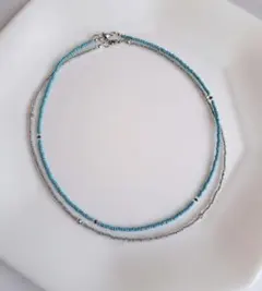 No.207 ビーズネックレス　ハンドメイド　重ね付け2個セット ターコイズ色