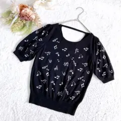 ローズバッド 半袖 薄手デザインニット 音符柄 コットンレーヨン パフスリーブ