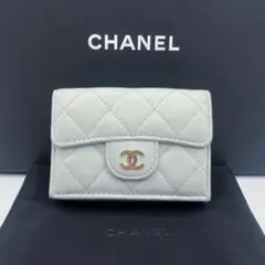 良品✨ シャネル マトラッセ ラムスキン 三つ折り財布 ブルーグレー
