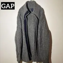 【個性派古着】グレー ケーブル編み ニットカーディガン　美品 希少　Lサイズ