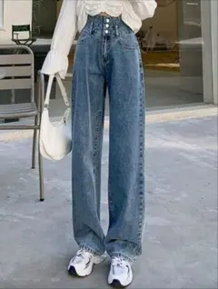 ストリートスタイル ソリッドカラー ハイウエスト ワイドレッグジーンズ　L