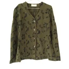 USED 古着 花柄 ジャガード ノーカラー シャツ ブラウス ジャケット