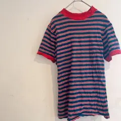 レトロ古着✨ボーダー柄 半袖 ニットTシャツ【L】 リンガー 紺×赤