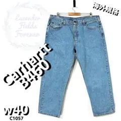 カーハートデニムパンツ極太C1057革レザーロゴ w40リラックスアメリカ古着