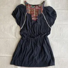 ザラ　ベーシック　オープンショルダー刺繍 チュニック 半袖 ネイビー Mのサムネイル