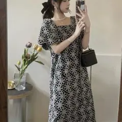 可愛い花柄ロングひざ丈ワンピース 春夏 女性会デート用