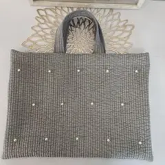 No.71ヌビバッグ　トートバッグ　レッスンバッグ　グレー　パール付