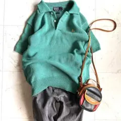 美品 ラルフローレン コットンポロニット ターコイズグリーン×イエロー刺繍