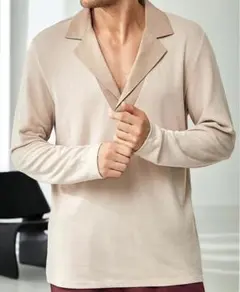 【売り尽くし 値下げ対応】 ベージュ 長袖ラペルネックポロシャツサイズXLくらい