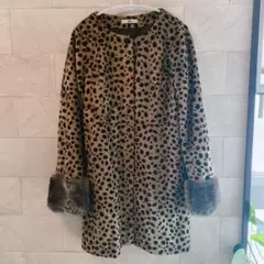 ヒョウ柄ファー付きロングコート レオパード 豹柄 ノーカラーコート 取り外し可能