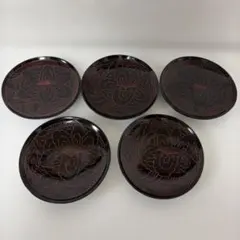 【共箱付】　輪島塗 漆器 銘々皿 5客揃 牡丹彫