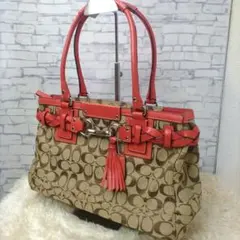コーチ COACH トートバッグ シグネチャー ベージュ/レッド F13068