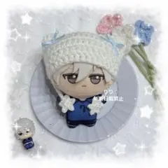 編み物 ちびぐるみ ぬい服 猫耳ニット帽 水色リボン