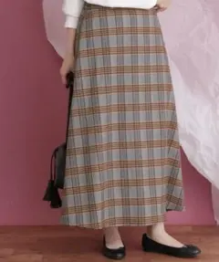 KBF◆微起毛　サイド切り替えチェック柄フレアロングスカート◆GRY×YEL