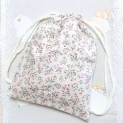 きんちゃく袋　花柄　レッド　赤色　ベージュ　ハンドメイド