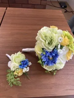 造花 ブーケとコサージュ セット 青 黄