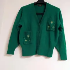 カシミヤウールGUINNESS WORLD 緑カーディガン　雪の結晶モチーフ