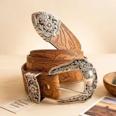 ウエスタンベルト カービング レザー調 シルバーバックル 古着 Y2K アメカジ